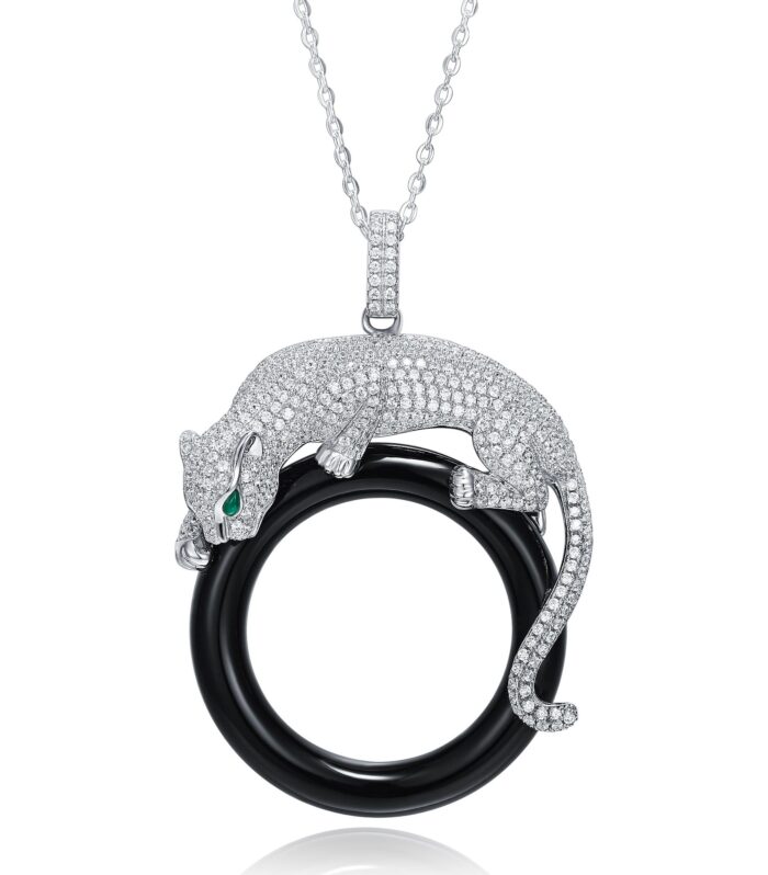 Green-Eye Panther Circle CZ Pendant Necklace