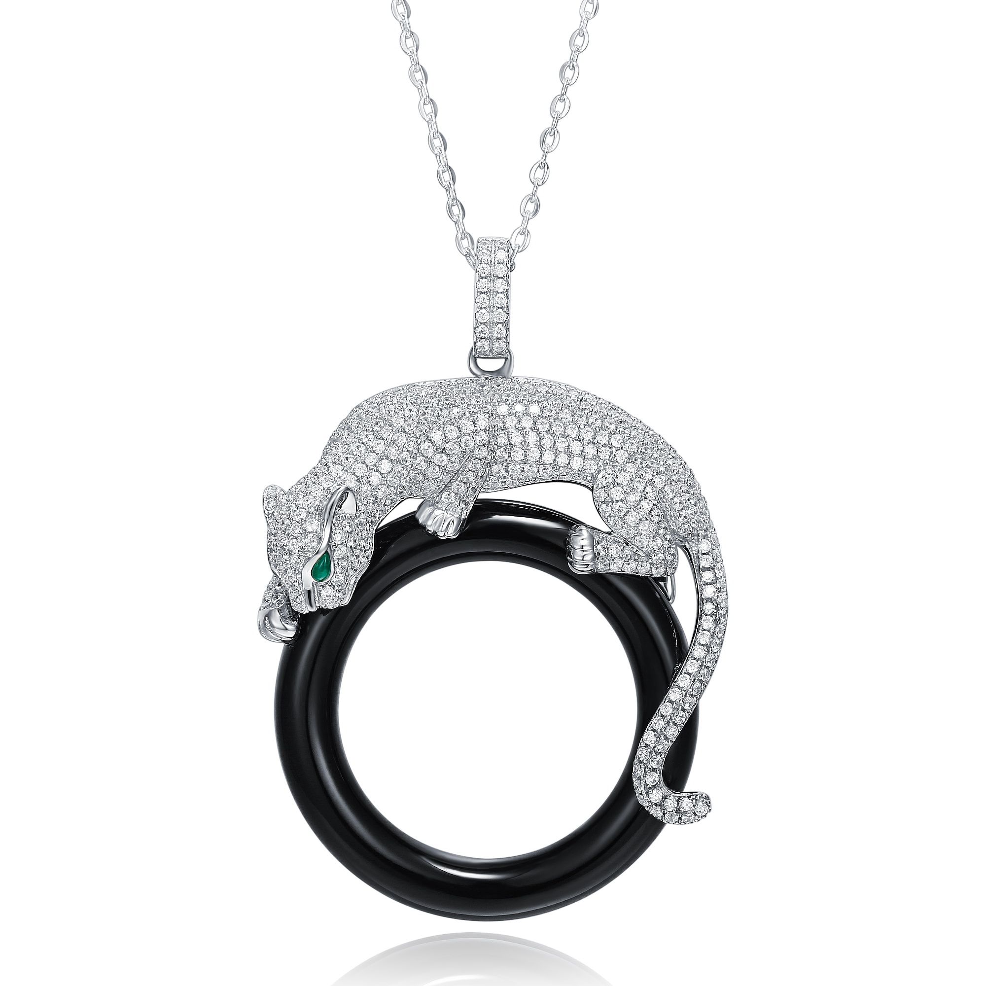 Green-Eye Panther Circle CZ Pendant Necklace