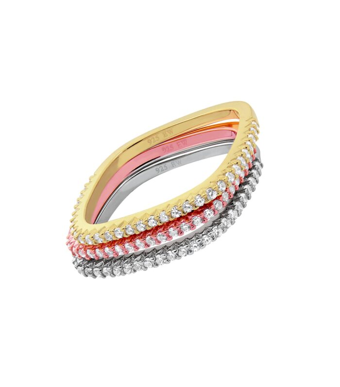 Square White, Pink and Yellow Plated White CZ Stackable Ring